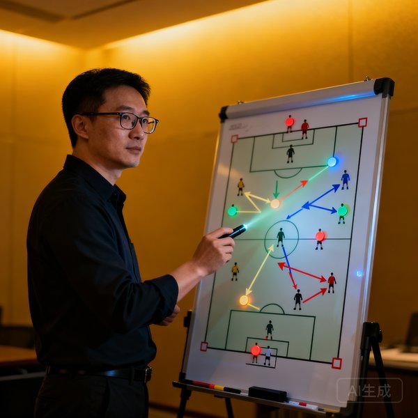 首席数据官陈远明戴着眼镜站在战术板前分析球队阵型