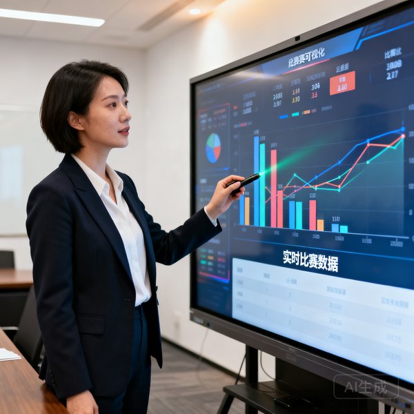 数据分析师王思涵在可视化大屏前展示比赛数据